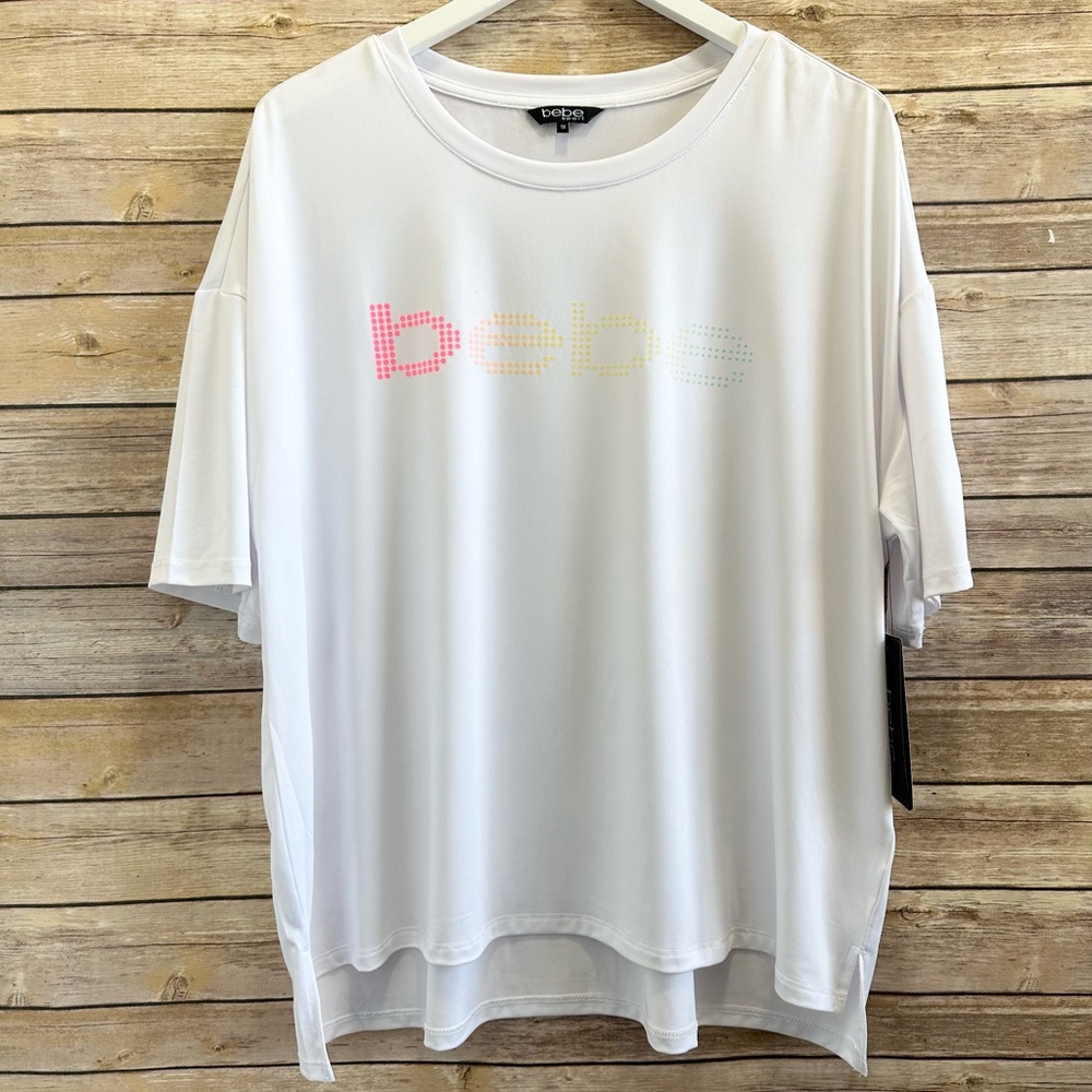 Bebe Sport Rainbow Dot Logo White Short Sleeve Activewear Tee Size 1X NWT